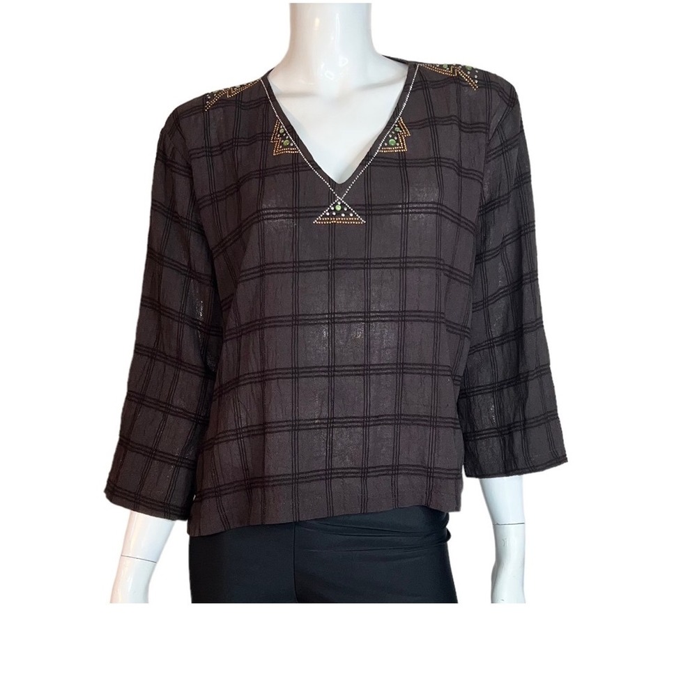 4/$40 Gepetto 3/4 Sleeve V-Neck Plaid Brown and Black Blouse